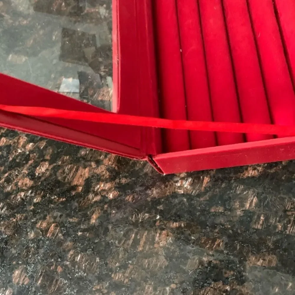 Jewelry red box, velour inside, vegan leather clear plastic screen, 9x9